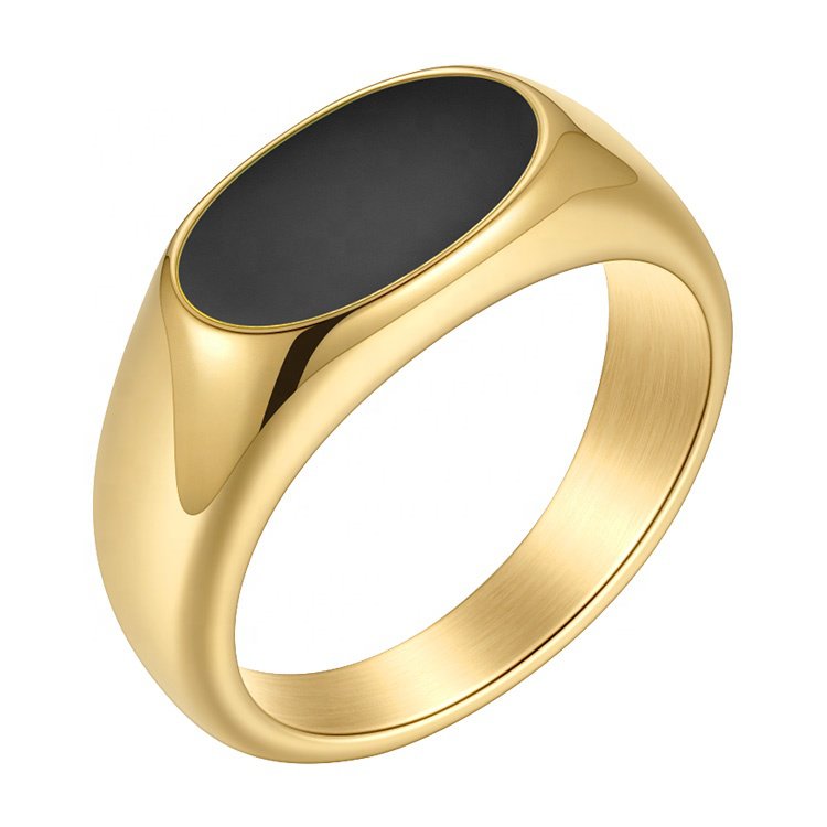Bague Chevalière Manju Émail Noir — Acier Or 18K