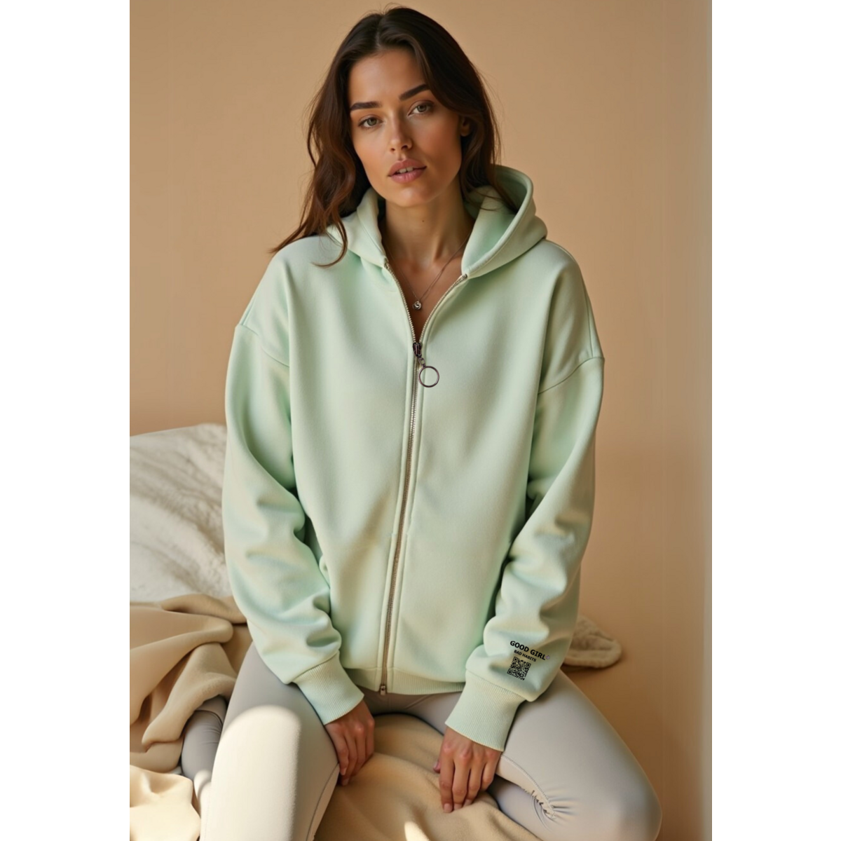 Hoodie Zippé Oversize Vert Menthe Coton Bio — GOOD GIRL BAD HABITS