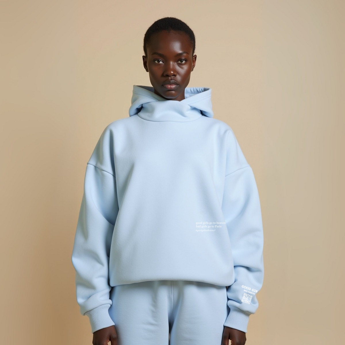 Hoodie Amovible Bad Girls Paris BabyBlue coton bio éthique - H&S SELECT