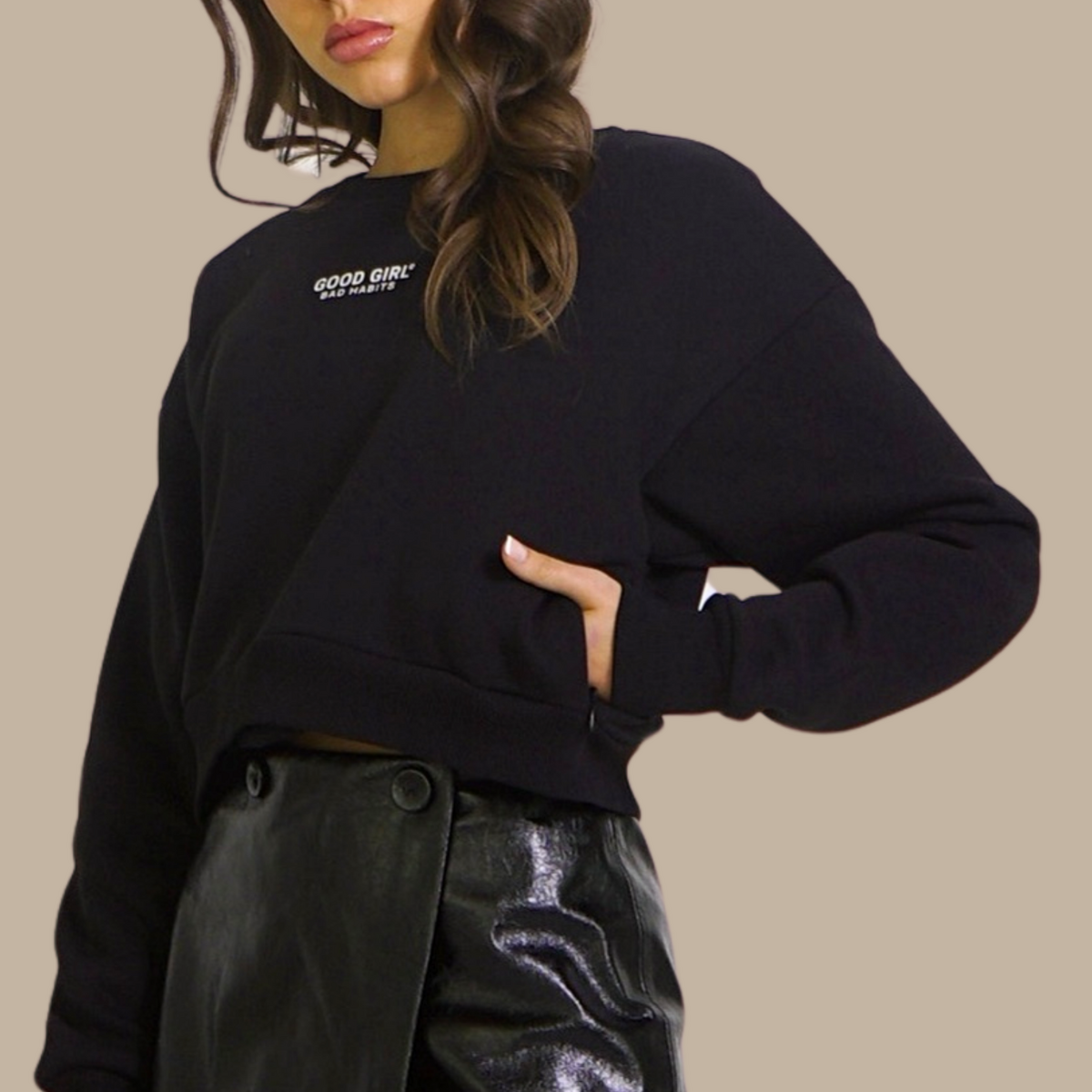 Sweat Col Rond Cropped Gris Chiné "Good Enough" — GOOD GIRL BAD HABITS