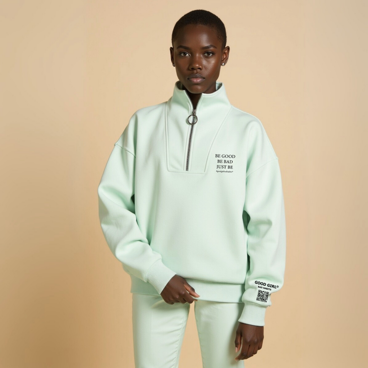 Sweat Demi-Zip Oversize Vert Menthe "Be Good Be Bad" — GOOD GIRL BAD HABITS