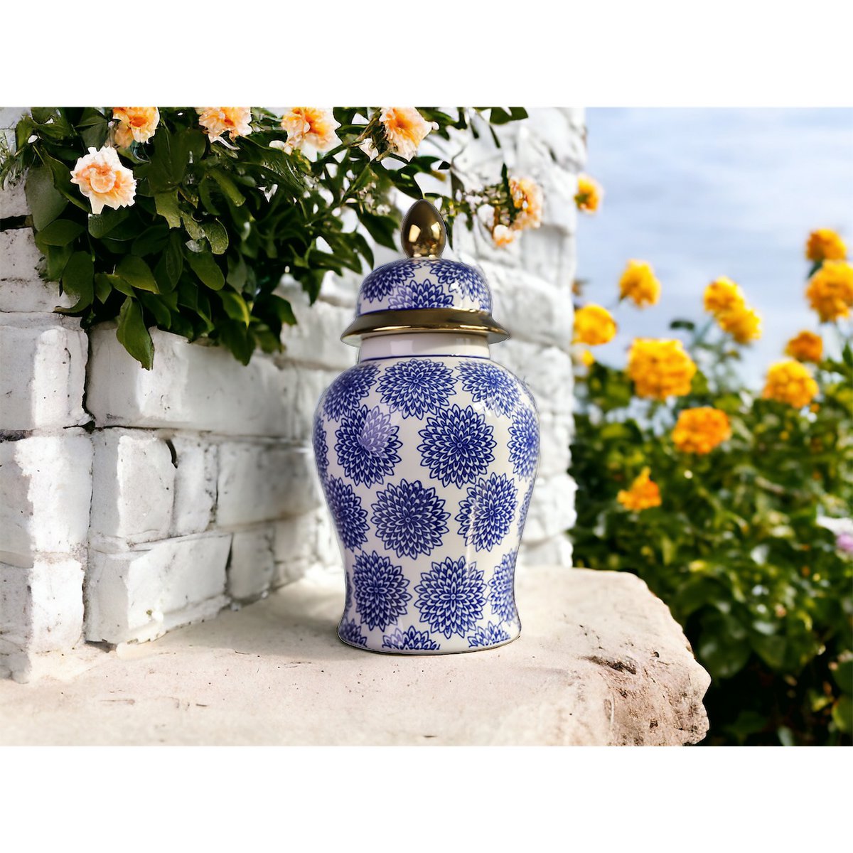 Vase Ginger Jar Dahlia Bleu & Blanc – Porcelaine H38cm – vue alternative | QMF Trading – H&S SELECT