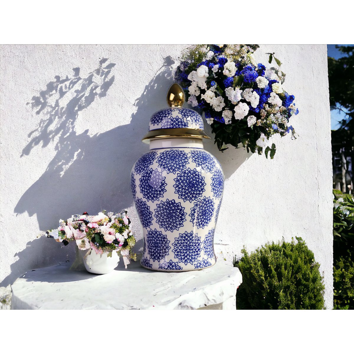 Vase Ginger Jar Dahlia Bleu & Blanc – Porcelaine H38cm – vue 6 | QMF Trading – H&S SELECT