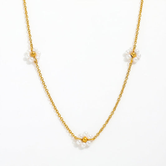 Collier Bloom Mini Fleurs Perles — Acier Inoxydable Or 18K