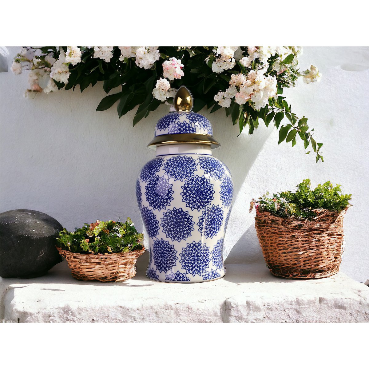 Vase Ginger Jar Dahlia Bleu & Blanc – Porcelaine H38cm – vue principale | QMF Trading – H&S SELECT