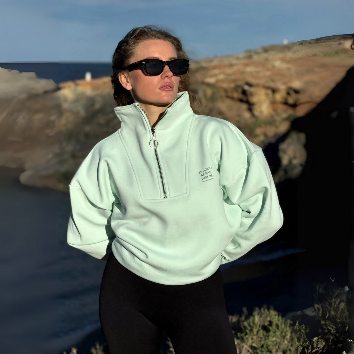 Sweat Demi-Zip Oversize Vert Menthe "Be Good Be Bad" — GOOD GIRL BAD HABITS