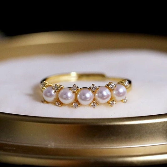 Bague Couronne Perles d'Eau Douce — Argent 925 Plaqué Or 18K