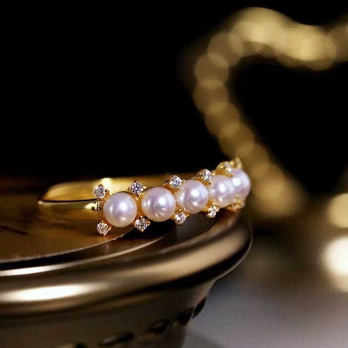 Bague Couronne Perles d'Eau Douce — Argent 925 Plaqué Or 18K