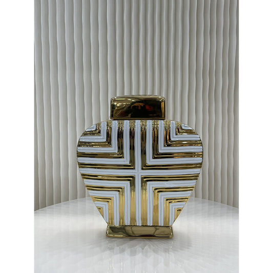 Pot Art Déco Doré & Blanc – Porcelaine Peinte Grand H32cm – vue principale | QMF Trading – H&S SELECT