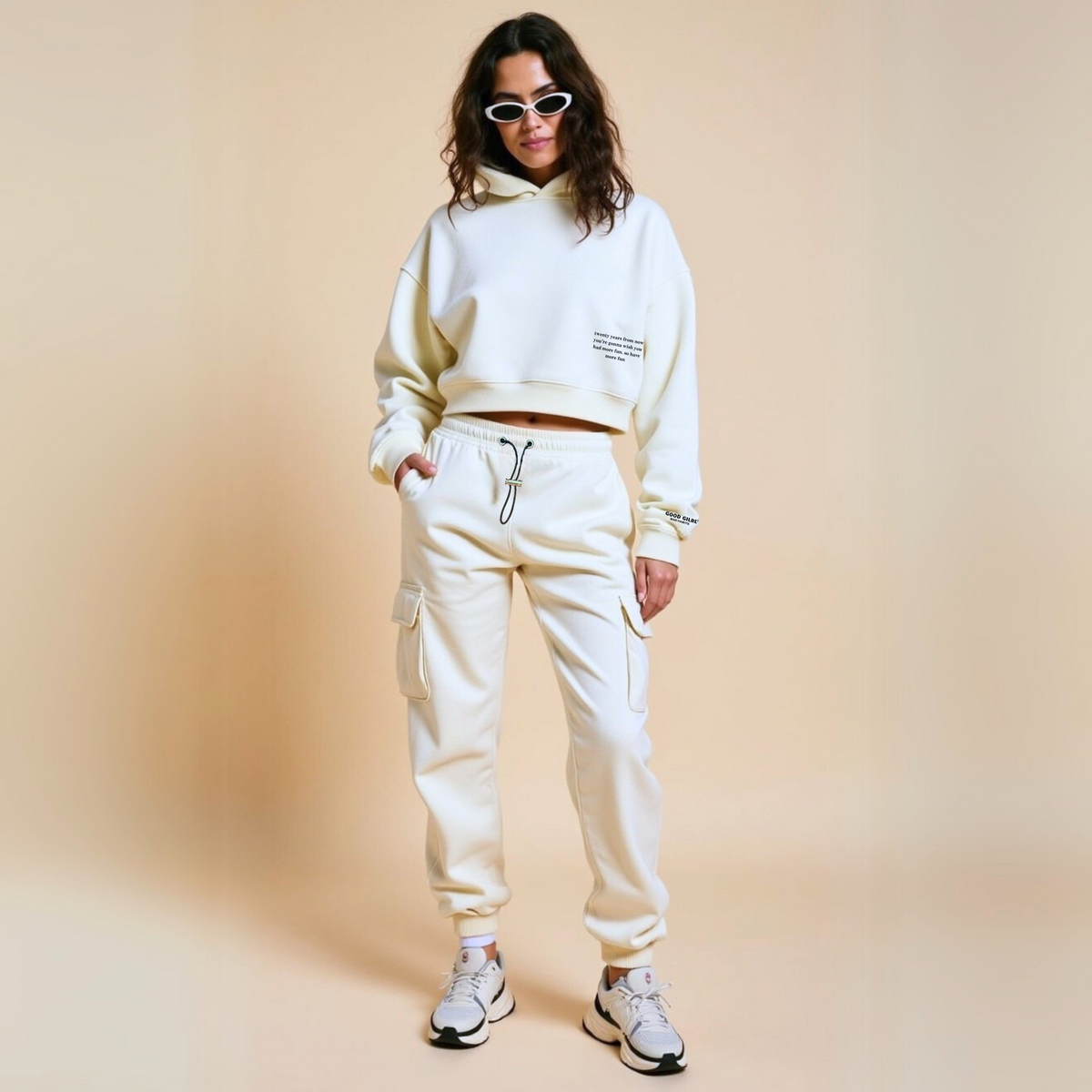 Jogging Cargo Blanc "Mental Health" Coton Bio — GOOD GIRL BAD HABITS