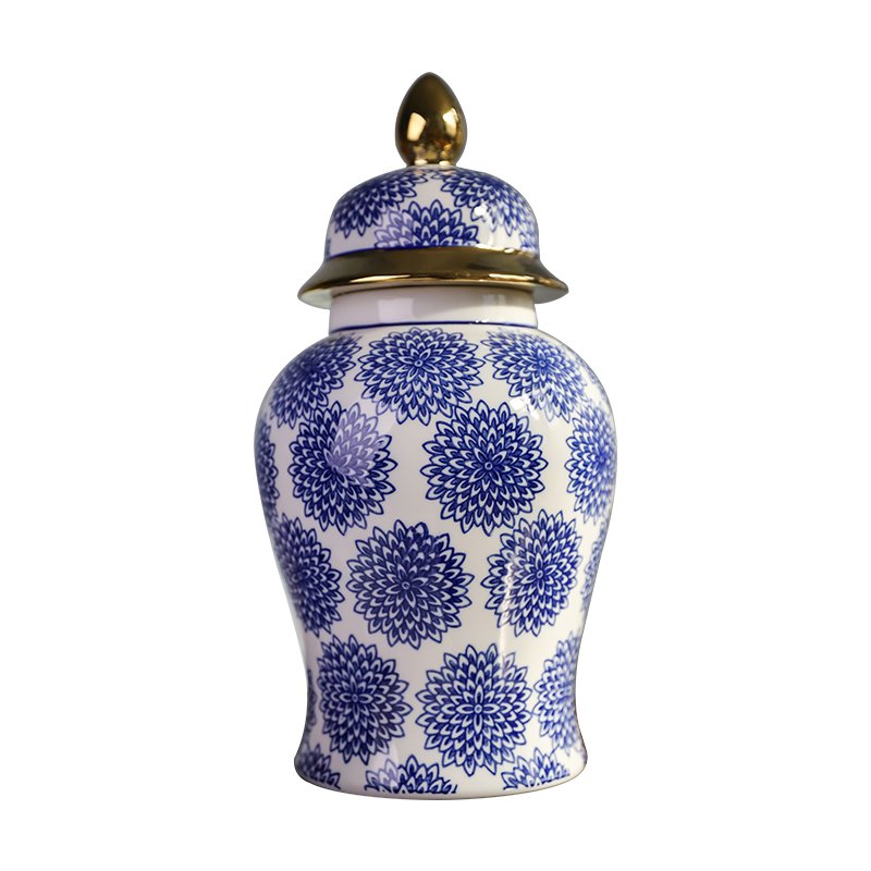 Vase Ginger Jar Dahlia Bleu & Blanc – Porcelaine H38cm – vue de détail | QMF Trading – H&S SELECT