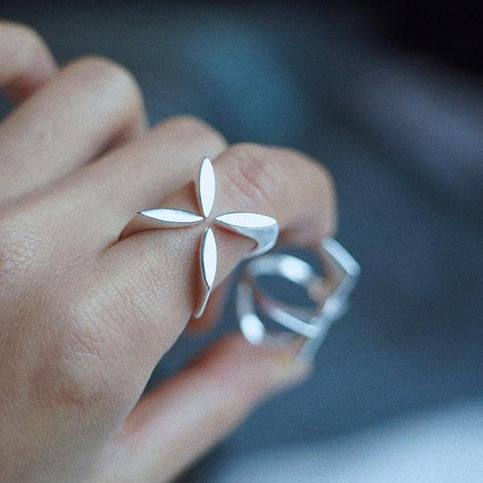 Bague Croix Fleur Minimaliste Réglable — Argent Sterling