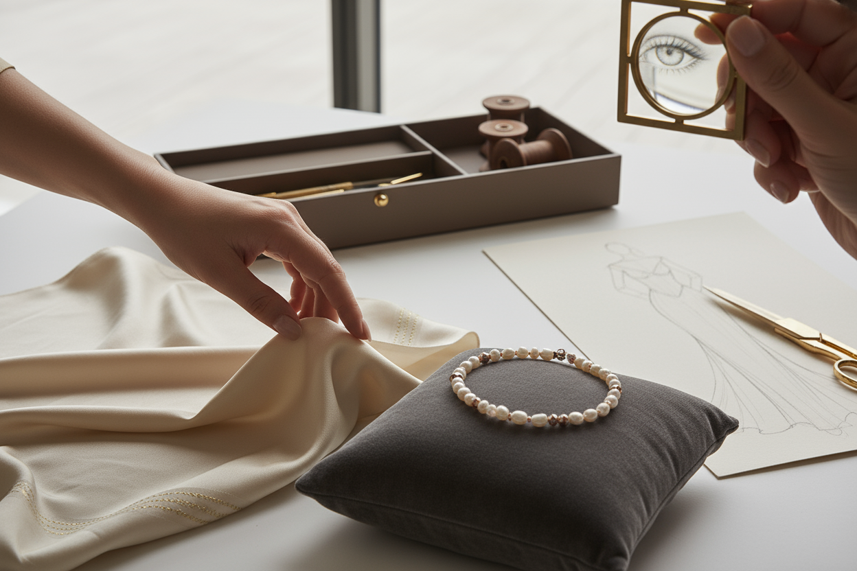 Une image stylisée et élégante, représentant une main de designer ou un œil expert examinant attentivement des matériaux nobles ou des pièces de mode de haute qualité. L'ambiance doit être sophistiquée et épurée, avec des couleurs neutres et des accents subtils de luxe. Le style doit évoquer une attention minutielle aux détails et à la qualité, suggérant une curation exclusive. On pourrait y voir un tissu soyeux, un bijou délicat, ou une esquisse de mode, le tout dans un cadre minimaliste et haut de gamme. 